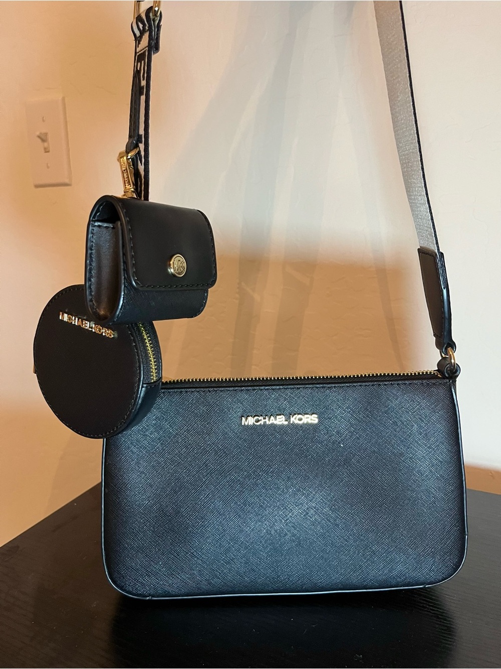 Michael Kors Black Leather Crossbody Trio Set with Gold Hardware